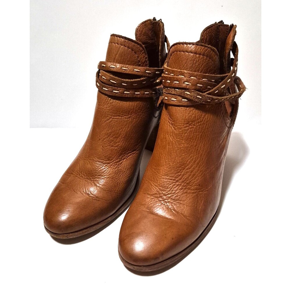 FRYE Women's Tan Leather Zip Up Ankle Boots Front Straps w/Block Heel Sz 8B
